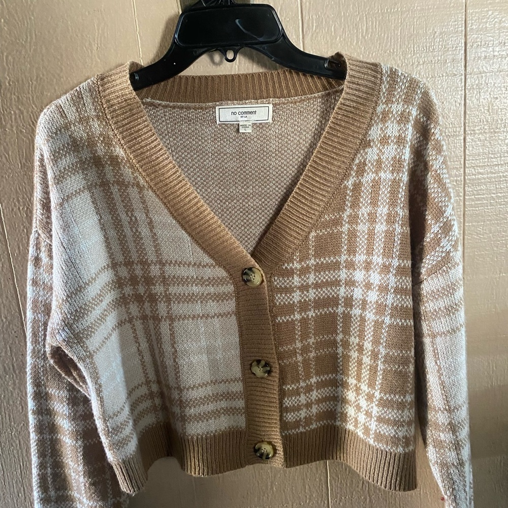 Tan and Cream Plaid Cardigan Sweater